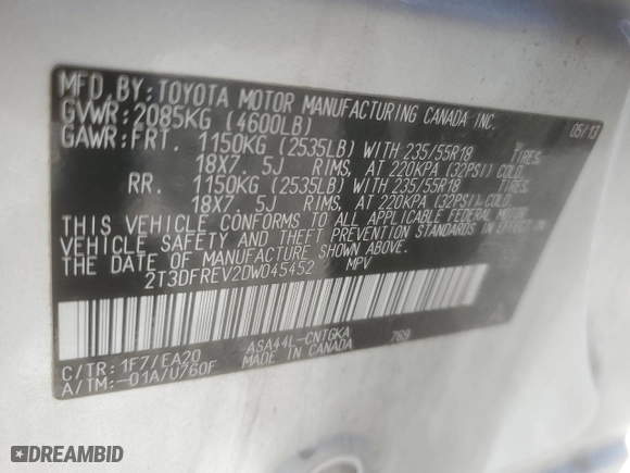 2013 Toyota RAV4 Limited with VIN 2T3DFREV2DW045452, listed as a Copart auction lot 47122715 with 138,632 mi miles and Clean Title. Bid and sale history available at carsss.com. Image 13.