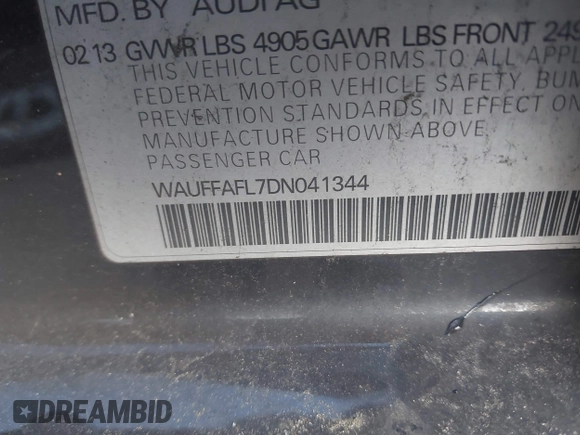 2013 Audi A4 Premium Plus with VIN WAUFFAFL7DN041344, listed as a IAAI auction lot 41194184 with 106,187 mi miles. Bid and sale history available at carsss.com. Image 9.