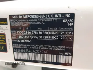 2020 Mercedes-Benz GLE 350 with VIN 4JGFB4JB4LA207240, listed as a IAAI auction lot 42559652 with 64,597 mi miles and . Bid and sale history available at DreamBid. Image 9.
