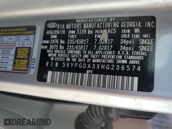 2017 Kia Sorento LX z VIN 5XYPGDA3XHG236574, wystawiony jako Copart lot #56359835 z przebiegiem 105 297 mil mil oraz Szkoda całkowita • Salvage title. Historia ofert i sprzedaży dostępna na DreamBid. Obrazek 13.