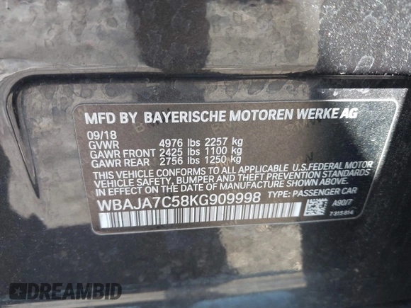 2019 BMW 5 Series 530i xDrive с VIN WBAJA7C58KG909998, выставлен на аукционе IAAI как лот 42203841 с пробегом 132 313 миль миль и . История ставок и продаж доступна на DreamBid. Изображение 9.