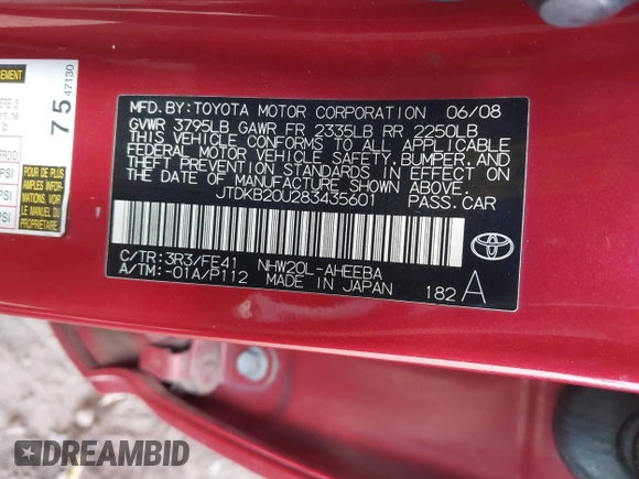 2008 Toyota Prius with VIN JTDKB20U283435601, listed as a IAAI auction lot 42067492 with 1 mi miles. Bid and sale history available at carsss.com. Image 9.