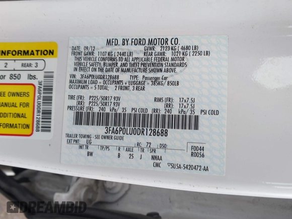 2013 Ford Fusion SE Hybrid with VIN 3FA6P0LU0DR128688, listed as a IAAI auction lot 42580852 with 137,421 mi miles and . Bid and sale history available at DreamBid. Image 9.