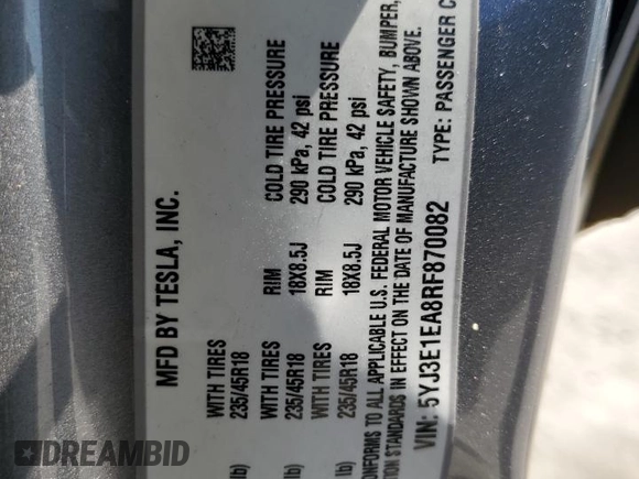 2024 Tesla Model 3 z VIN 5YJ3E1EA8RF870082, wystawiony jako Copart lot #51914895 z przebiegiem 4 353 mil mil oraz Szkoda całkowita • Salvage title. Historia ofert i sprzedaży dostępna na DreamBid. Obrazek 14.