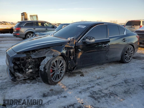 2020 Infiniti Q50 Red Sport 400 with VIN JN1FV7AR3LM660387, listed as a Copart auction lot 87592075 with 34,278 mi miles and Salvage Title. Bid and sale history available at carsss.com. Image 1.