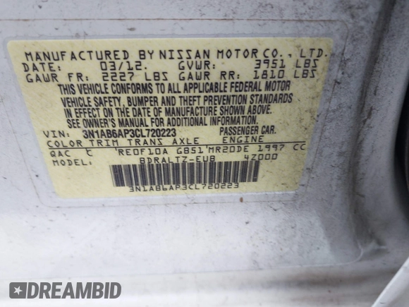 2012 Nissan Sentra SR with VIN 3N1AB6AP3CL720223, listed as a IAAI auction lot 42518721 with 236,341 mi miles and . Bid and sale history available at DreamBid. Image 9.