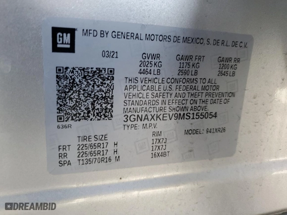 2021 Chevrolet Equinox LT with VIN 3GNAXKEV9MS155054, listed as a Copart auction lot 47698775 with 30,531 mi miles and Salvage Title. Bid and sale history available at carsss.com. Image 15.