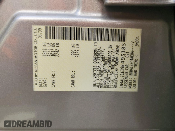 2009 Nissan Altima SL with VIN 1N4AL21E19N495185, listed as a Copart auction lot 52811345 with 66,696 mi miles and Salvage Title. Bid and sale history available at DreamBid. Image 15.