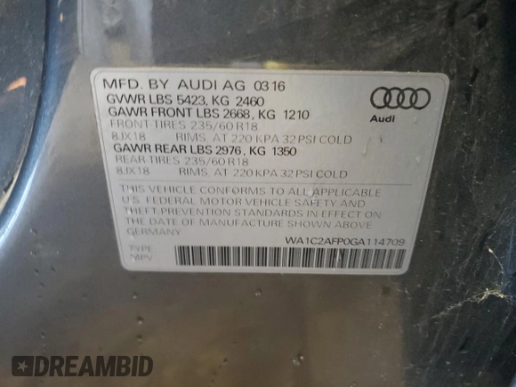 2016 Audi Q5 Premium with VIN WA1C2AFP0GA114709, listed as a Copart auction lot 62208745 with 120,596 mi miles and Salvage title. Bid and sale history available at DreamBid. Image 14.