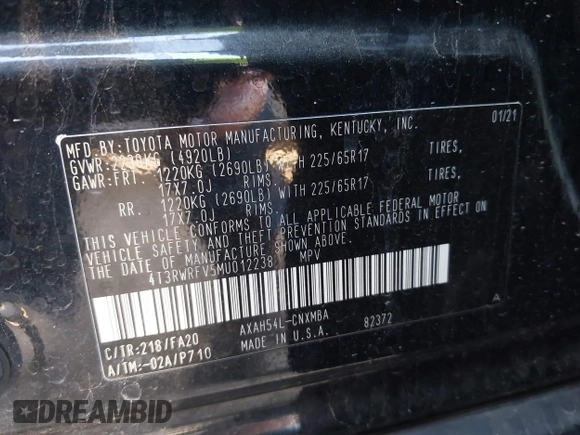 2021 Toyota RAV4 Hybrid XLE with VIN 4T3RWRFV5MU012238, listed as a IAAI auction lot 41943154 with 72,316 mi miles. Bid and sale history available at carsss.com. Image 9.