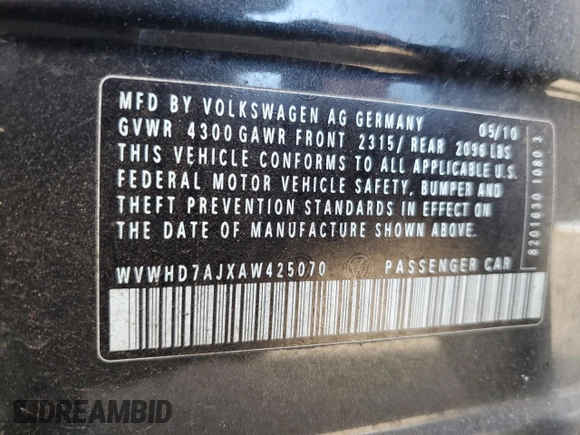 2010 Volkswagen Golf GTI with VIN WVWHD7AJXAW425070, listed as a Copart auction lot 81321184 with 155,423 mi miles and Salvage title. Bid and sale history available at DreamBid. Image 12.