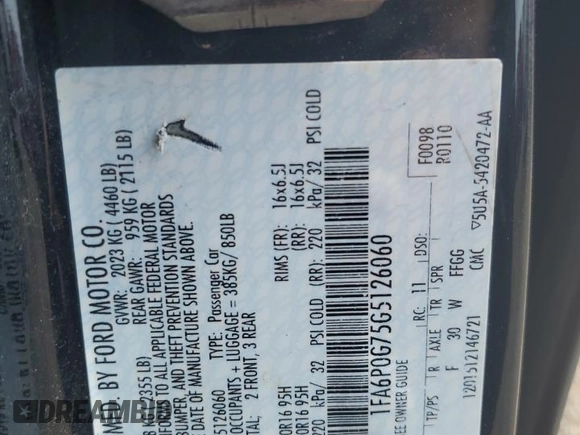 2016 Ford Fusion S with VIN 1FA6P0G75G5126060, listed as a Copart auction lot 60974024 with 109,077 mi miles and Salvage title. Bid and sale history available at DreamBid. Image 12.