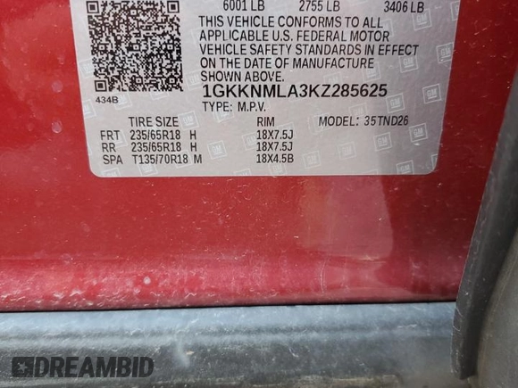 2019 GMC Acadia SLT with VIN 1GKKNMLA3KZ285625, listed as a Copart auction lot 83765214 with 71,268 mi miles and Salvage Title. Bid and sale history available at DreamBid. Image 13.