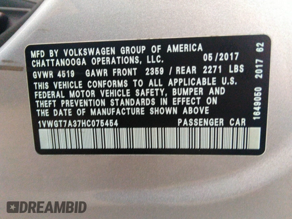 2017 Volkswagen Passat SE z VIN 1VWGT7A37HC075454, wystawiony jako IAAI lot #40572637 z przebiegiem 44 818 mil mil oraz . Historia ofert i sprzedaży dostępna na DreamBid. Obrazek 9.