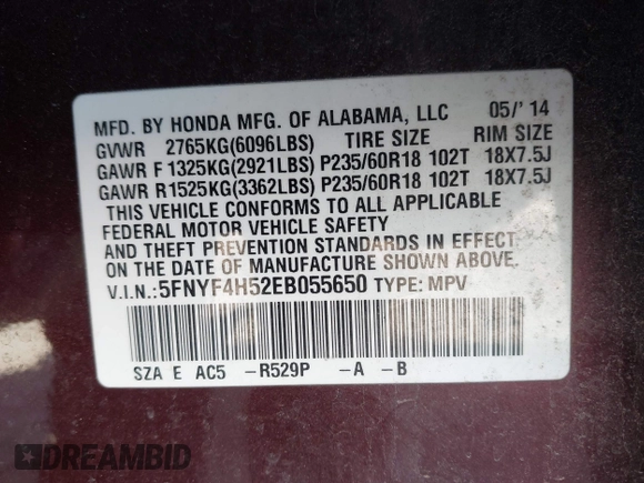 2014 Honda Pilot EX-L with VIN 5FNYF4H52EB055650, listed as a IAAI auction lot 41544068 with 205,942 mi miles and . Bid and sale history available at DreamBid. Image 9.