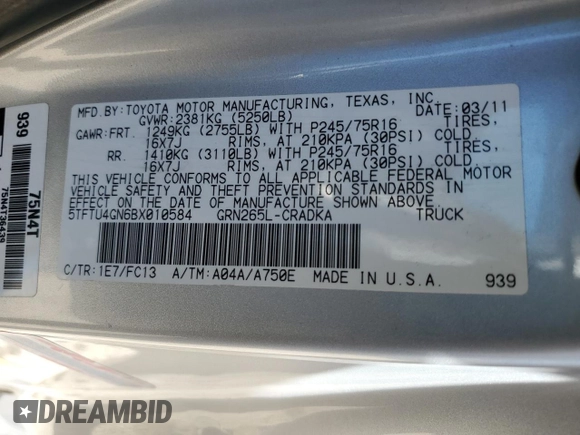 2011 Toyota Tacoma PreRunner z VIN 5TFTU4GN6BX010584, wystawiony jako Copart lot #57284685 z przebiegiem 66 256 mil mil oraz Szkoda całkowita • Salvage title. Historia ofert i sprzedaży dostępna na DreamBid. Obrazek 12.