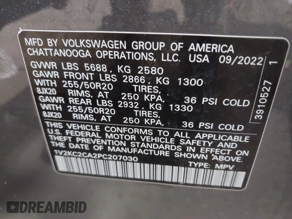 2023 Volkswagen Atlas SE with VIN 1V2KC2CA2PC207030, listed as a IAAI auction lot 42036106 with 38,368 mi miles and . Bid and sale history available at DreamBid. Image 9.