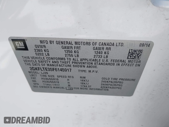 2015 GMC Terrain SLT with VIN 2GKFLTE35F6145917, listed as a IAAI auction lot 42050238 with 54,733 mi miles and . Bid and sale history available at DreamBid. Image 9.