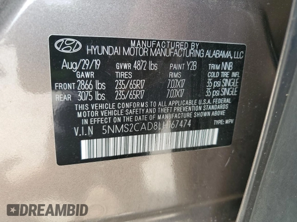 2020 Hyundai Santa Fe SE with VIN 5NMS2CAD8LH167474, listed as a Copart auction lot 57946045 with 59,949 mi miles and Salvage title. Bid and sale history available at DreamBid. Image 13.