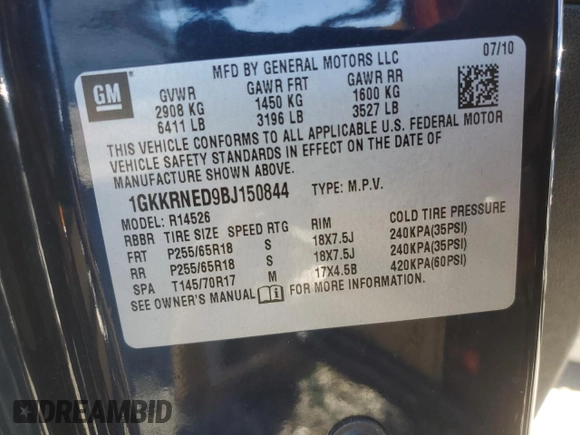 2011 GMC Acadia SL with VIN 1GKKRNED9BJ150844, listed as a Copart auction lot 82015264 with 154,784 mi miles and Clean title. Bid and sale history available at DreamBid. Image 13.