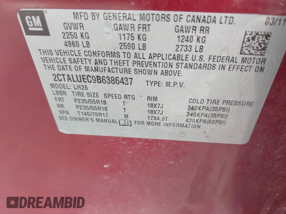 2011 GMC Terrain SLT-1 with VIN 2CTALUEC9B6386437, listed as a IAAI auction lot 41883453 with 183,071 mi miles and . Bid and sale history available at carsss.com. Image 9.
