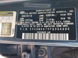 2015 Kia Optima LX with VIN 5XXGM4A75FG394494, listed as a IAAI auction lot 41596274 with 1 mi miles. Bid and sale history available at carsss.com. Image 9.