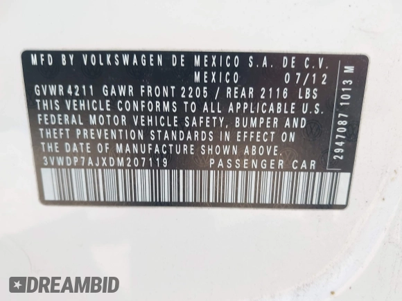 2013 Volkswagen Jetta SE z VIN 3VWDP7AJXDM207119, wystawiony jako IAAI lot #42155020 z przebiegiem 144 836 mil mil oraz . Historia ofert i sprzedaży dostępna na DreamBid. Obrazek 9.