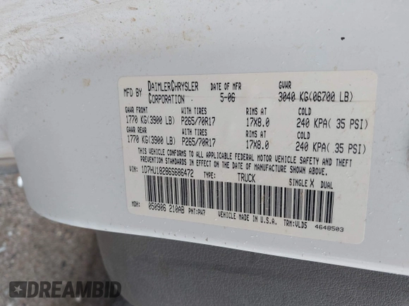 2006 Dodge 1500 SLT z VIN 1D7HU18286S686472, wystawiony jako IAAI lot #42395263 z przebiegiem 196 124 mil mil oraz . Historia ofert i sprzedaży dostępna na DreamBid. Obrazek 9.