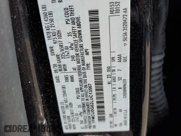 2020 Ford Escape SE z VIN 1FMCU0G62LUC13567, wystawiony jako Copart lot #59603295 z przebiegiem 116 464 mil mil oraz Szkoda całkowita • Salvage title. Historia ofert i sprzedaży dostępna na DreamBid. Obrazek 13.
