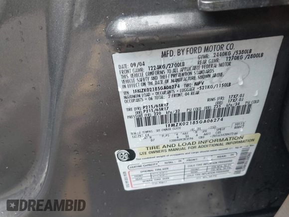 2005 Ford Freestyle SEL with VIN 1FMZK02185GA06274, listed as a IAAI auction lot 42232701 with Not provided miles and . Bid and sale history available at DreamBid. Image 9.