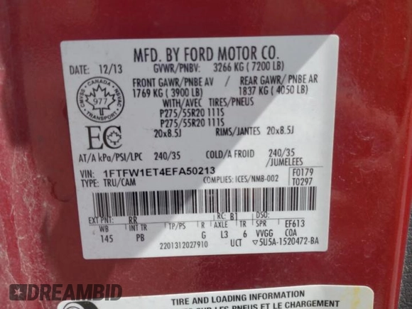 2014 Ford F-150 XL with VIN 1FTFW1ET4EFA50213, listed as a Copart auction lot 55847545 with 158,592 mi miles and Clean title. Bid and sale history available at DreamBid. Image 12.