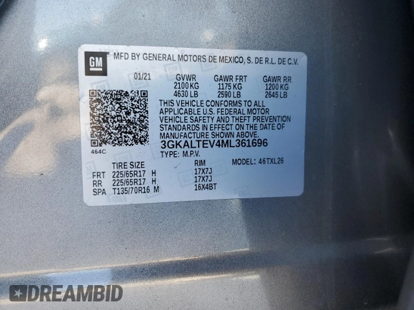 2021 GMC Terrain SLE with VIN 3GKALTEV4ML361696, listed as a Copart auction lot 46152475 with 15,452 mi miles and Salvage Title. Bid and sale history available at carsss.com. Image 14.