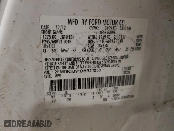 2013 Ford Edge SEL with VIN 2FMDK3J91DBB51259, listed as a Copart auction lot 51234605 with 167,396 mi miles and Non Repairable. Bid and sale history available at carsss.com. Image 12.