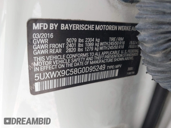 2016 BMW X3 xDrive28i with VIN 5UXWX9C58G0D95249, listed as a IAAI auction lot 42037882 with 85,255 mi miles and . Bid and sale history available at DreamBid. Image 9.