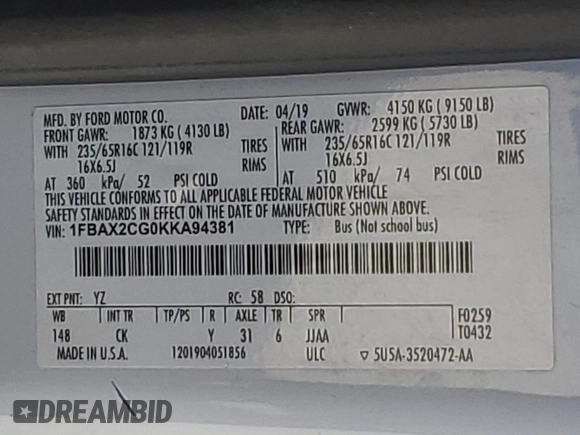 2019 Ford Transit Passenger XL with VIN 1FBAX2CG0KKA94381, listed as a Copart auction lot 56016815 with 139,966 mi miles and Salvage Title. Bid and sale history available at DreamBid. Image 13.
