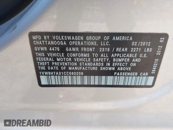 2012 Volkswagen Passat SE с VIN 1VWBH7A31CC060209, выставлен на аукционе IAAI как лот 42300402 с пробегом 92 024 миль миль и . История ставок и продаж доступна на DreamBid. Изображение 9.
