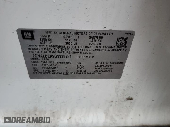 2016 Chevrolet Equinox LS with VIN 2GNALBEK9G1128731, listed as a Copart auction lot 51890585 with 93,980 mi miles and Salvage Title. Bid and sale history available at carsss.com. Image 14.