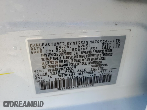 2024 Nissan Sentra S with VIN 3N1AB8BV4RY335578, listed as a Copart auction lot 85775334 with 2,874 mi miles and Salvage title. Bid and sale history available at DreamBid. Image 13.