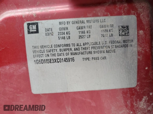 2012 Cadillac CTS with VIN 1G6DM5E3XC0145916, listed as a Copart auction lot 47287295 with 146,221 mi miles and Salvage Title. Bid and sale history available at DreamBid. Image 12.