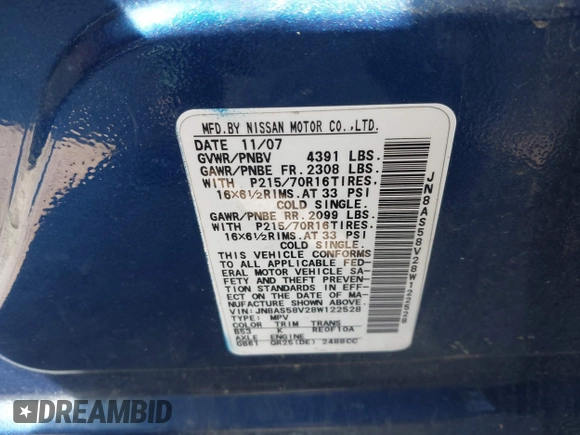 2008 Nissan Rogue SL with VIN JN8AS58V28W122528, listed as a IAAI auction lot 42143631 with 195,385 mi miles and . Bid and sale history available at DreamBid. Image 9.