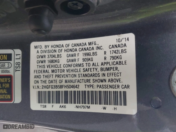 2015 Honda Civic Coupe LX with VIN 2HGFG3B58FH504642, listed as a IAAI auction lot 41672862 with 169,192 mi miles. Bid and sale history available at carsss.com. Image 9.