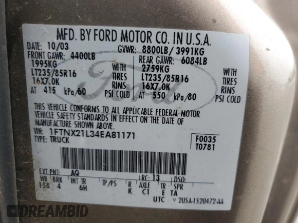 2004 Ford F-250 XL with VIN 1FTNX21L34EA81171, listed as a Copart auction lot 61242825 with 308,532 mi miles and Clean title. Bid and sale history available at DreamBid. Image 12.