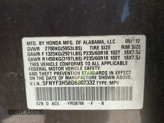 2013 Honda Pilot EX-L с VIN 5FNYF3H58DB002332, выставлен на аукционе IAAI как лот 42086390 с пробегом 107 597 миль миль и . История ставок и продаж доступна на DreamBid. Изображение 9.