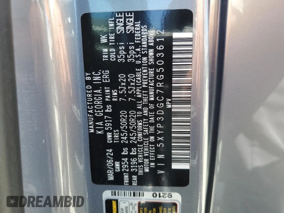2024 Kia Telluride EX с VIN 5XYP3DGC7RG503612, выставлен на аукционе Copart как лот 55885165 с пробегом 11 627 миль миль и Списание • Salvage title. История ставок и продаж доступна на DreamBid. Изображение 13.