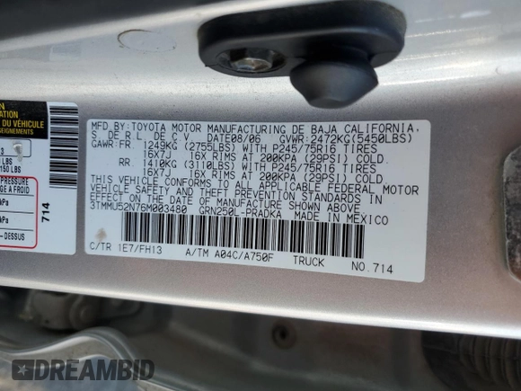 2006 Toyota Tacoma z VIN 3TMMU52N76M003480, wystawiony jako Copart lot #50645115 z przebiegiem 169 028 mil mil oraz Szkoda całkowita • Salvage title. Historia ofert i sprzedaży dostępna na DreamBid. Obrazek 14.