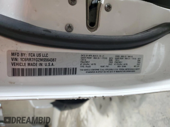 2021 Ram 1500 Tradesman z VIN 1C6RR7FG2MS564387, wystawiony jako Copart lot #60854825 z przebiegiem 176 835 mil mil oraz Czysty tytuł • Clean title. Historia ofert i sprzedaży dostępna na DreamBid. Obrazek 12.