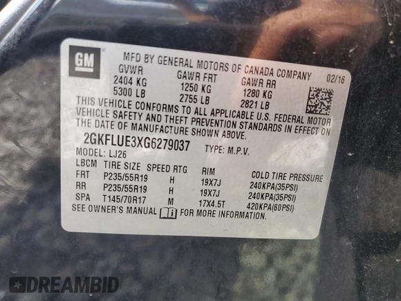 2016 GMC Terrain SLT z VIN 2GKFLUE3XG6279037, wystawiony jako Copart lot #55041335 z przebiegiem 83 772 mil mil oraz Szkoda całkowita • Salvage title. Historia ofert i sprzedaży dostępna na DreamBid. Obrazek 12.