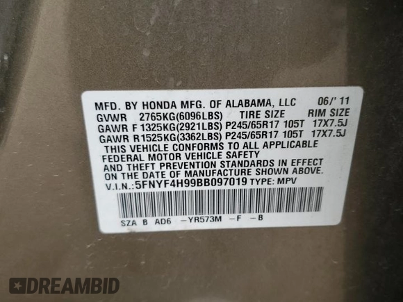 2011 Honda Pilot Touring with VIN 5FNYF4H99BB097019, listed as a Copart auction lot 53865365 with 260,357 mi miles and Salvage Title. Bid and sale history available at DreamBid. Image 13.