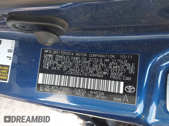 2011 Toyota Prius I with VIN JTDKN3DU1B1449984, listed as a IAAI auction lot 41741870 with 166,367 mi miles and . Bid and sale history available at DreamBid. Image 9.