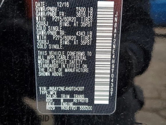 2017 Nissan Armada Platinum with VIN JN8AY2NE4H9704307, listed as a Copart auction lot 85791644 with 79,712 mi miles and Salvage Title. Bid and sale history available at carsss.com. Image 13.